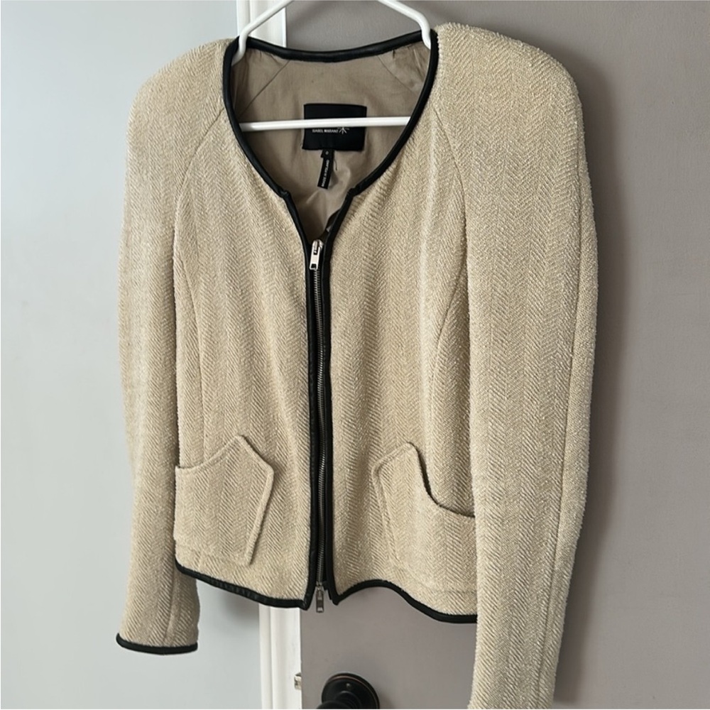 Isabel Marant Cream Textured Zip-Front Jacket with Black Trim